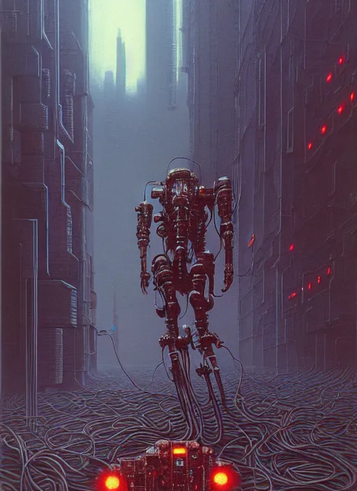 Prompt: cyberpunk mechwarrior, a lot of cables and wires around, bymark brooks by zdzisław beksinski, by takato yamamoto, vintage, 8 k, ultra detailed, 8 0's sci - fi