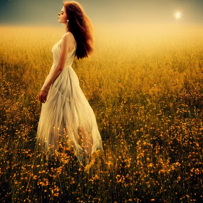 Image similar to photo of a very beautiful!! woman on intricate dress in an endless heavenly meadow, 4 k, hdr, smooth, sharp focus, high resolution, award - winning photo, trending on artstation, 5 0 mm