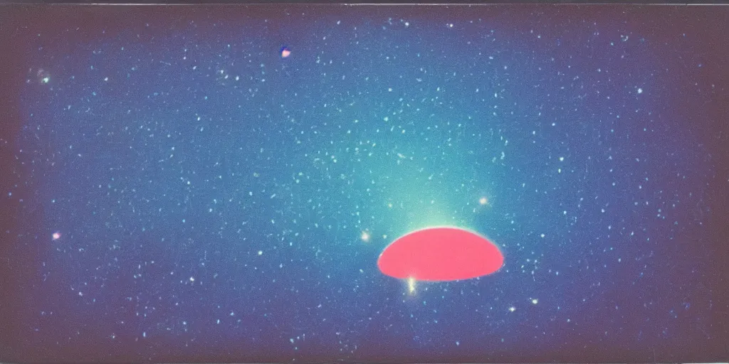 Image similar to polaroid photo of an ufo in a colourful galaxy, twinkling stars, cyan blue pink and red color bleed, slight lens glare