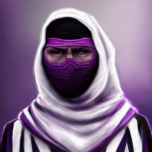 Image similar to ultra realistic illustration, man in a black hood, in a striped purple balaclava, mysterious, highly detailed, digital painting, artstation, concept art, smooth, sharp focus, illustration