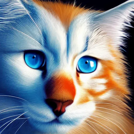 Image similar to orange norwegian forest cat, cuddly fur, pixar cute, blue eyes, highly detailed, sharp focus, digital painting, artwork by Victor Adame Minguez + Yuumei + Tom Lovell + Sandro Botticelli