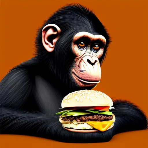 Prompt: surreal portrait of chimpanzee eating a mcdonald's big mac hamburger, extra onions and ketchup, hyperdetails, displacement mapped octane render, luscious patty with sesame seeds, ethereal, handsome, D&D, fantasy, intricate, elegant, highly detailed, digital painting, artstation, concept art, matte, sharp focus, illustration, art by Artgerm and Greg Rutkowski and Alphonse Mucha