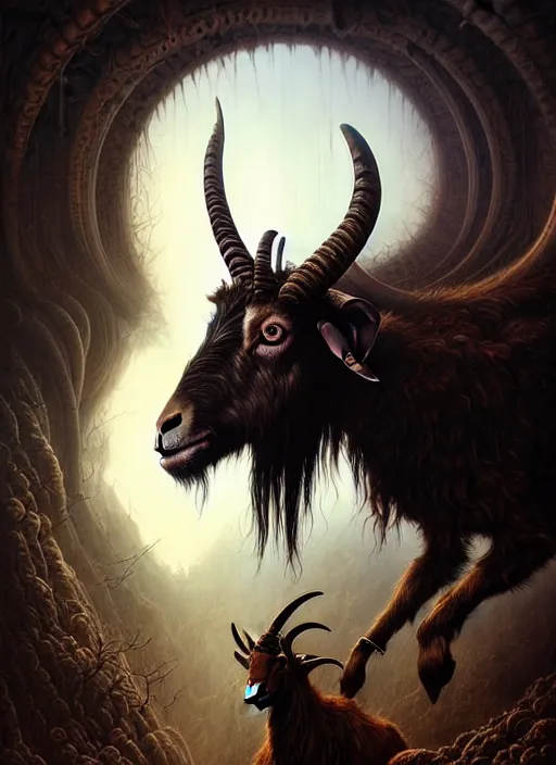 Prompt: portrait shot of a demonic goat, a scenic dystopian environment, intricate, elegant, highly detailed, centered, digital painting, artstation, concept art, smooth, sharp focus, illustration, artgerm, tomasz alen kopera, peter mohrbacher, donato giancola, joseph christian leyendecker, wlop, boris vallejo