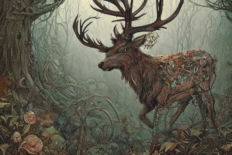 Prompt: forest stag spirit, greg simkins, android jones, victo ngai