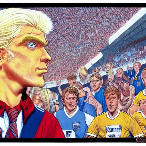 Image similar to a blonde man studying a soccer game. happy, colorful Epic portrait by james gurney and mœbius.