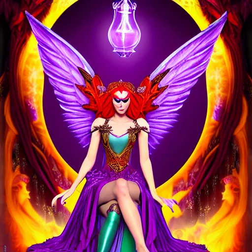 Image similar to Half Fey Princess sorceress with red flaming bird wings on her back and sitting on an ornate throne dressed in a fancy purple dress, Fantasy, Full Portrait, High detail, realistic, planeswalker