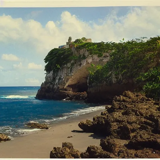 Image similar to photo of a jamaican shoreline cliff with a cave and a spanish galleon in the foreground