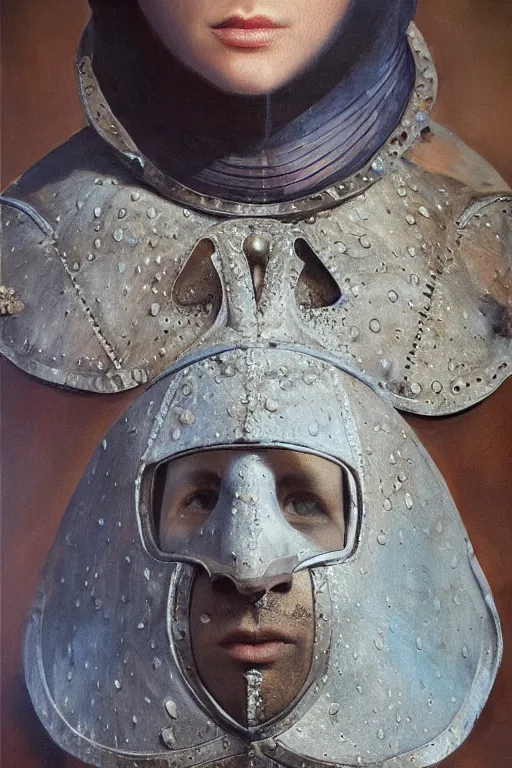 Image similar to hyperrealism oil painting, close - up portrait of face hiding in stingray medieval fashion model, knight, steel gradient mixed with nebula sky, in style of baroque mixed with 7 0 s book art