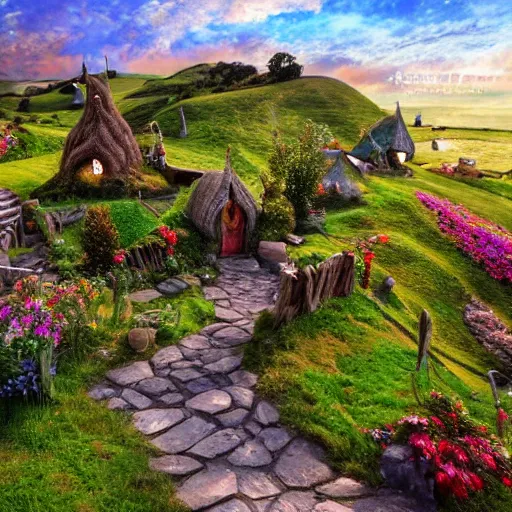 Image similar to hobbiton landscape with abnoxious jewels all around, fantasy, rock, high detail