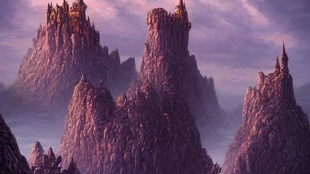 Prompt: A floating island on a giant pointy gray rock above the white puffy clouds at golden hour, and an Evil Castle at the top. Dark Purple Magic emanates, like tendrils from the castle. Epic fantasy scene. Beautiful painting by Michael Whelan, Tyler Edlin, JRR Tolkien.