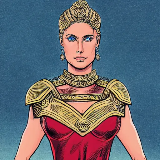 Prompt: Portrait of Queen Hippolyta of Themyscira, a tall, beautiful dignified woman with tanned skin, long blonde hair, and blue eyes, dressed in hellenistic Greek armour, in the background is the interior of temple, concept art, graphic novel,