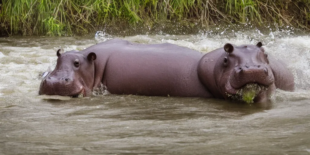 Prompt: nature photographer's photo of a hippo with in a river in the jungle, attacking the photographer. extremely high detail, ominous natural lighting