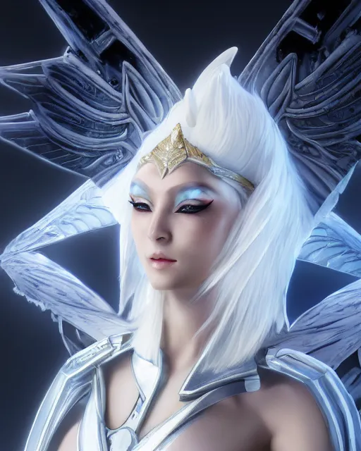 Prompt: perfect white haired egyptian goddess wearing white dove wings, warframe armor, regal, attractive, ornate, sultry, beautiful, ice queen, half asian, pretty face, blue eyes, detailed, scifi platform, 4 k, ultra realistic, volumetric lighting, illuminated, cinematic, masterpiece, art by akihito tsukushi, voidstar
