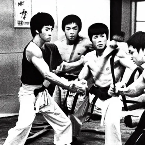 Prompt: Photograph of Bruce Lee holding nunchuck , surrounded by karate fighters in dojo