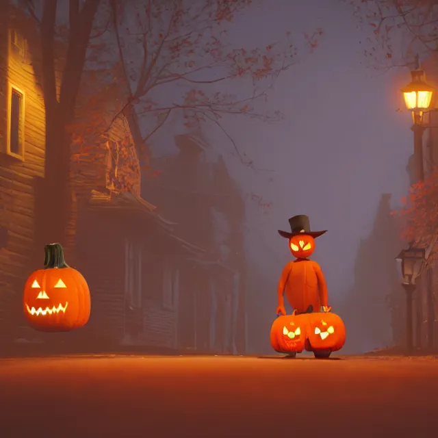 Image similar to night time jack o lantern man walking in a colonial street on halloween, over the garden wall pottsfield, tall maple trees along street, chimneys on buildings, old street lamps, pumpkin people walking, fall foliage, over the garden wall, light cinematic, volumetric, realistic, cinematic lighting, ray tracing, unreal engine 5, octane render, hyper realistic, 8 k