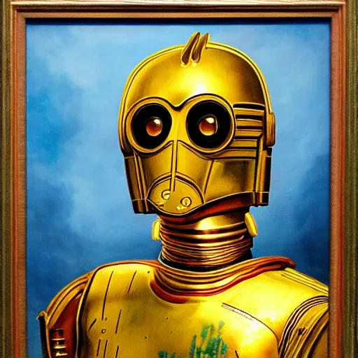 Prompt: a portrait painting of c 3 po from star wars in a renaissance style hanging in the louvre