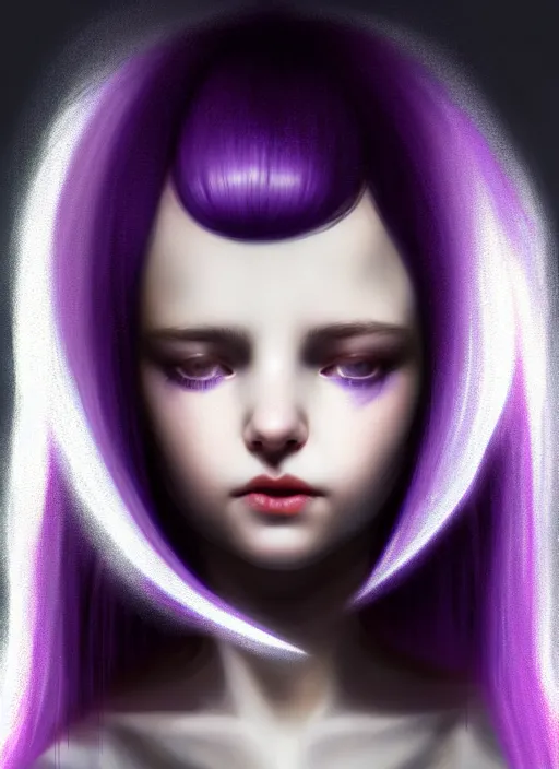 Image similar to hair whitebangs hair, black hair, whitebangs, portrait of teenage girl with white bangs, red irises, purple clothes, white bangs, bangs are different color from hair, intricate, elegant, glowing lights, highly detailed, digital painting, artstation, concept art, smooth, sharp focus, illustration, art by wlop, mars ravelo and greg rutkowski