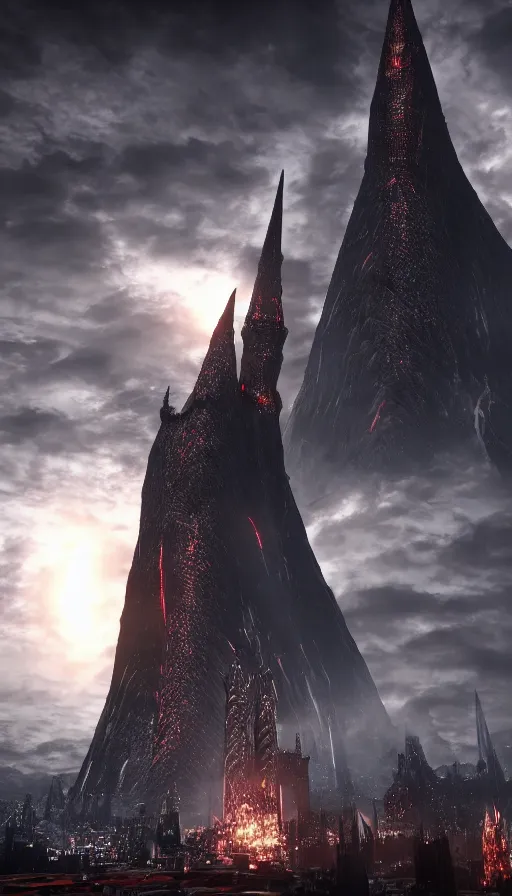 Prompt: Black and evil tower Barad-dûr, fortress of Sauron in Mordor, ultra detailed, octane render, super realistic, unreal engine 5, atmospheric lighting