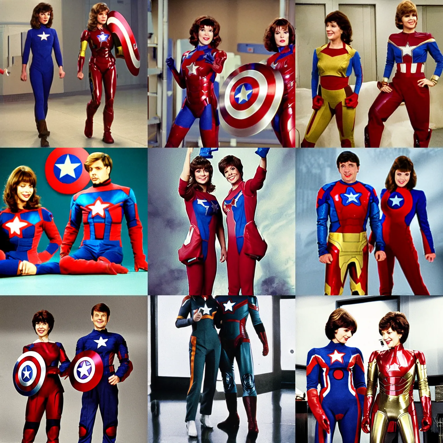 Prompt: laverne and shirley wearing iron man and captain america suits