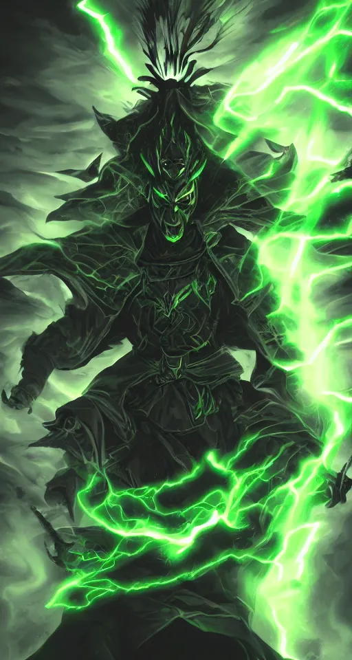 Image similar to illustration of dark priest holding green lightning, black halo, evil, power, green mist, scary, photorealistic, unreal engine, hellish background , Mtg , Dnd ,