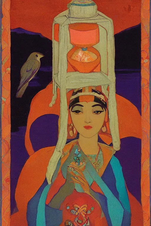 Image similar to queen of the dawn with her lantern and birds, by Nicholas Roerich, elaborate headdress and embroidered velvet, iridescent beetles, rich color, dramatic cinematic lighting, extremely detailed