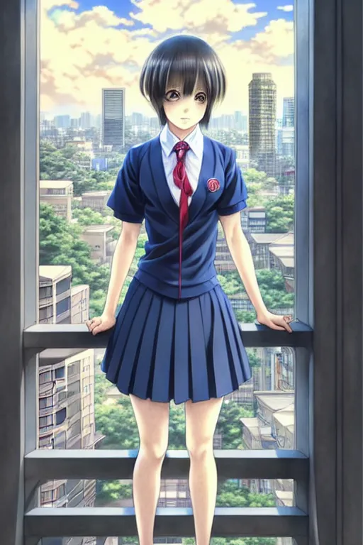 Prompt: beautiful full body portrait of one anime female with short hair, wearing Japanese school uniform, standing in on a balcony overlooking downtown Tokyo, D&D, fantasy, intricate, elegant, highly detailed, digital painting, artstation, concept art, smooth, sharp focus, illustration, beautiful sunlight and shadows, art by artgerm and WLOP and Ruan Jia and Krenz Cushart and greg rutkowski and alphonse mucha