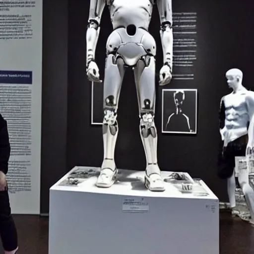 Image similar to “a realistic detailed photo of a guy who is an attractive humanoid who is half robot and half humanoid, who is a male android, actor Grant Gustin, shiny skin, posing like a statue, blank stare, at the museum, on display”