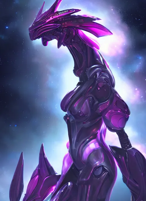 Image similar to cinematic shot, cosmic sized perfectly proportioned stunning beautiful hot anthropomorphic robot female mecha dragon, female dragon head, floating in empty space, nebula sized, larger than galaxies, holding a tiny galaxy, silver, fuschia skin, epic proportions, epic size, epic scale, furry art, dragon art, giantess art, warframe fanart, furaffinity, deviantart