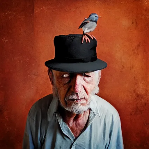 Prompt: old man with hat, bird sitting on top of hat, brooke shaden