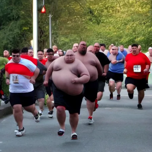 Prompt: a horde of obese men running towards a light in the darkness.