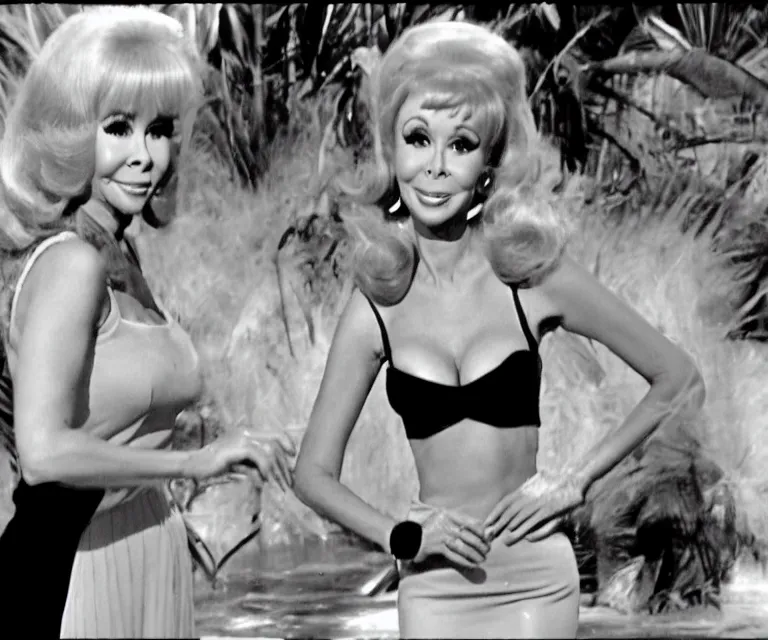 Image similar to barbara eden is a guest - star on an episode of gilligan's island with gilligan and the skipper, video still, hyperrealistic, very detailed