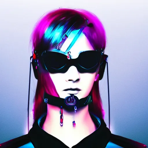 Prompt: digital artwork of woman wearing technological large steel collar, choker on neck, cyberpunk art style, 4K, portrait, punk hairstyle,