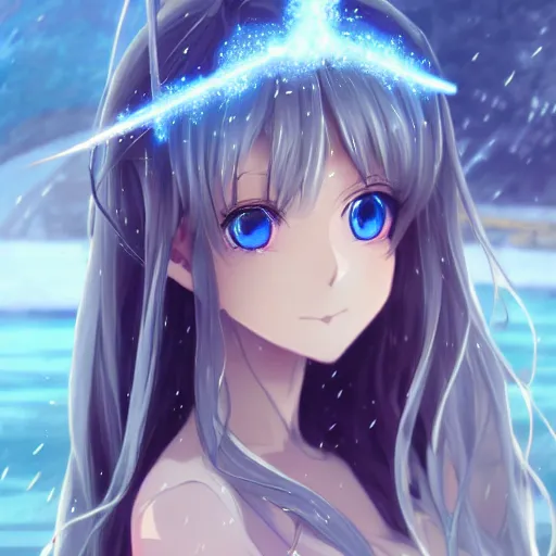 Prompt: a very beautiful anime elf girl, full body, long straight silver hair, smile, sky blue eyes, full round face, short smile, casual clothes, ice snowy lake setting, cinematic lightning, medium shot, mid-shot, highly detailed, trending on Artstation, Unreal Engine 4k, cinematic wallpaper by Stanley Artgerm Lau, WLOP, Rossdraws, James Jean, Andrei Riabovitchev, Marc Simonetti, and Sakimichan