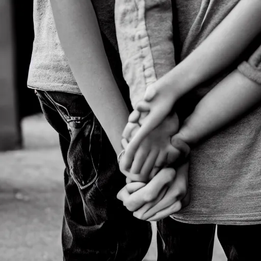 Image similar to Photograph of two teenage boys in love, holding hand, sigma 85mm