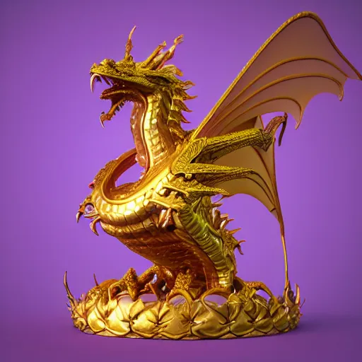 Prompt: Substance 3d golden dragon armor material on a sphere, intricate, unreal engine, 8K ultra detail, physically based rendering, dark purple glowing background