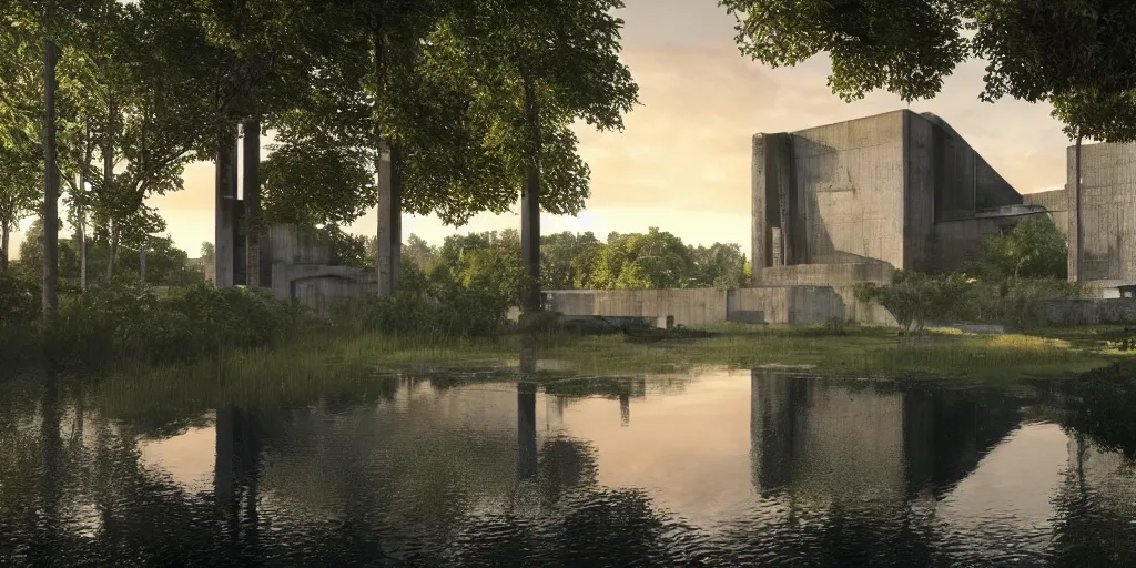 Image similar to an extremely detailed cathedral of brutalist architecture, surrounded by lush green forest, accurate reflections in small ponds of water, stunning volumetric lighting, sunset, rusted steel, smooth concrete, stunning skies, trending on Artstation, 8k, photorealistic, hyper detailed, unreal engine 5, IMAX quality, cinematic, epic lighting, in the style of Greg Rutkowski