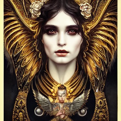 Prompt: ! dream portrait of a beautiful winged goddess with horns wearing an ornate black robe by tom bagshaw