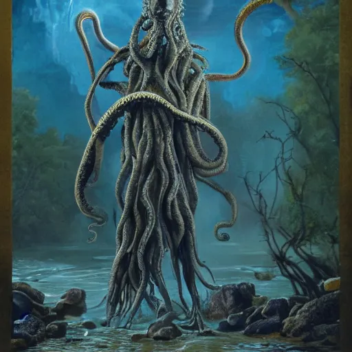 Image similar to a cinematic painting of alien tentacles emerging from the water of a river, a single godly like figure stands on the riverbed watching, fire blowing the leaves from the trees