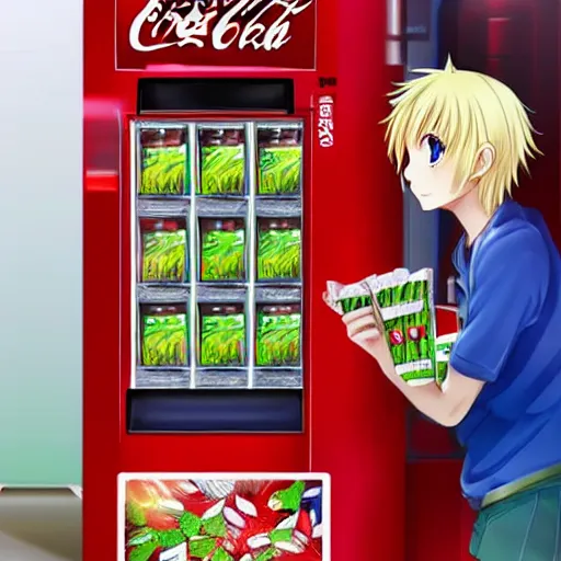 Image similar to beautiful blonde anime elf girl stuffing leaves in a coke vending machine, high quality anime art digital