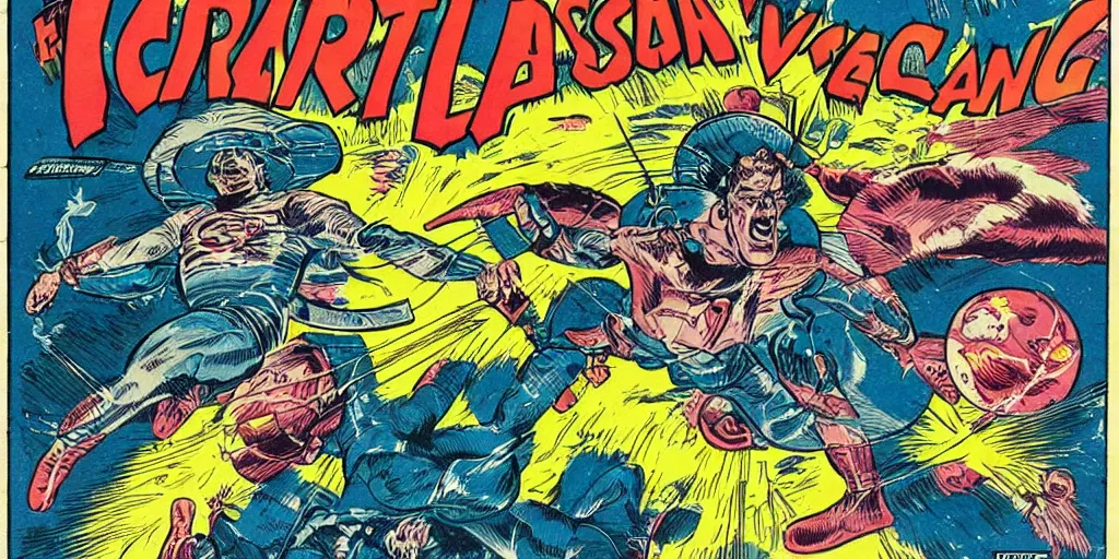 Image similar to a highly detailed beautiful portrait of marsman attacking earth, retro, vintage, comic book seventies