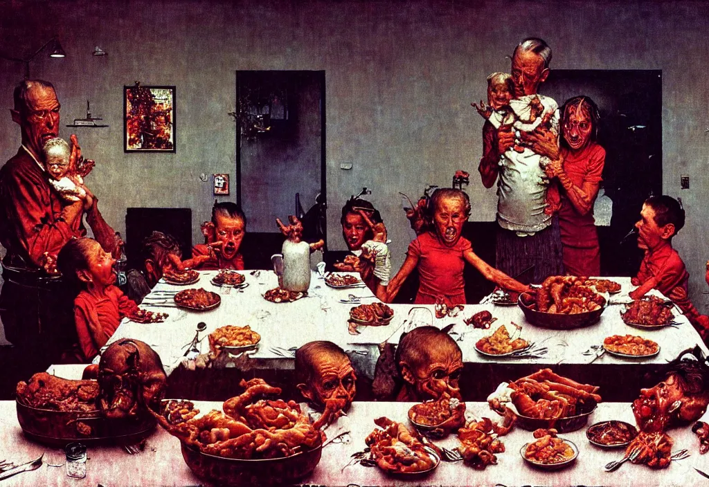 Prompt: A Norman Rockwell painting of a family losing their grip on reality during a Christmas dinner, by Zdzisław Beksiński, horror, cosmic horror, cinematic, 8k