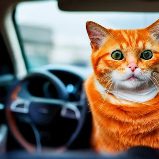 Image similar to an anthropomorphic orange tabby cat driving a car