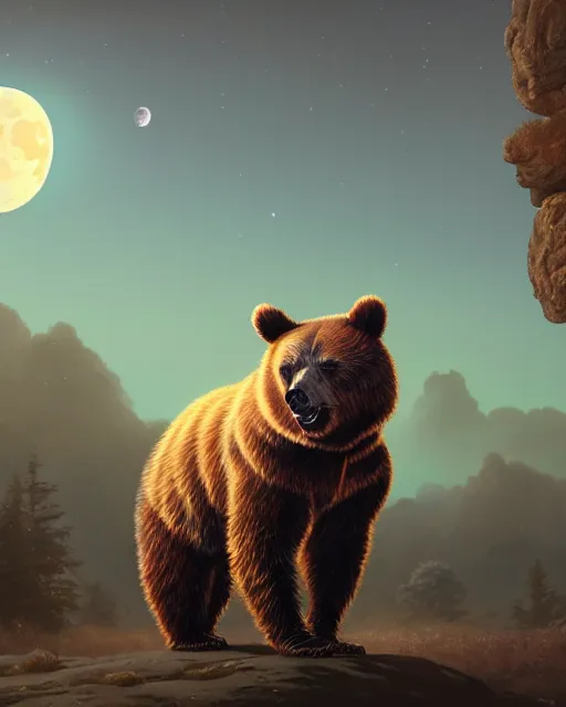 Image similar to highly detailed surreal vfx portrait of a metallic chromatic samurai bear in front of a full moon, stephen bliss, unreal engine, greg rutkowski, loish, rhads, beeple, makoto shinkai and lois van baarle, ilya kuvshinov, rossdraws, tom bagshaw, alphonse mucha, global illumination, detailed and intricate environment