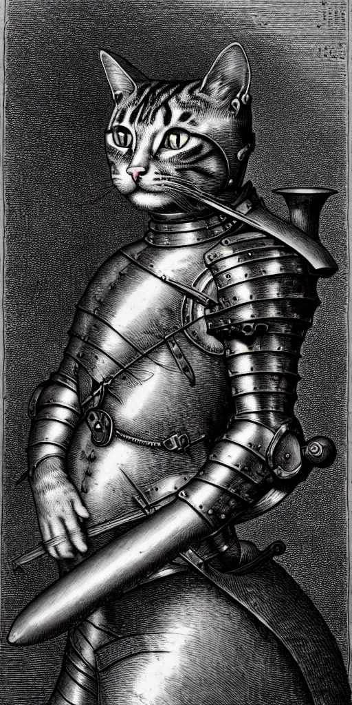 Image similar to engraving portrait of humanoid cat in medieval armoury by gustave dore. trending on deviant art, street art, chillwave, maximalist, full of color, glittering, 8 k, hd