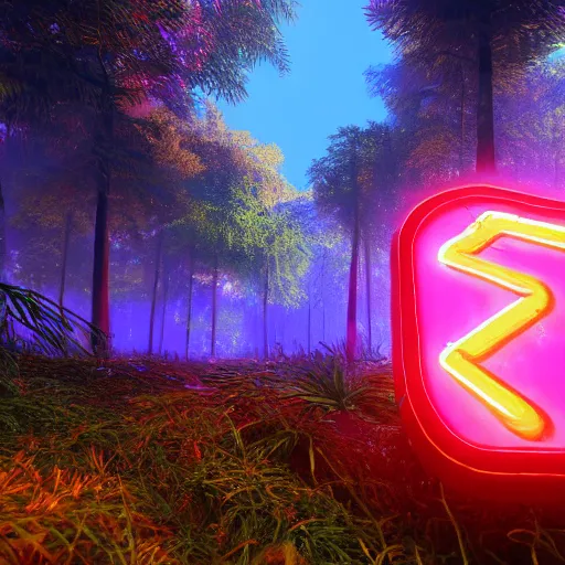 Image similar to A realistic strange neon lanscape, realistic, 4k resolution, detailled, realistic shaders, neon mushrooms, mushrooms particles, painting, forests, strange neon plants, realistic, detailled.