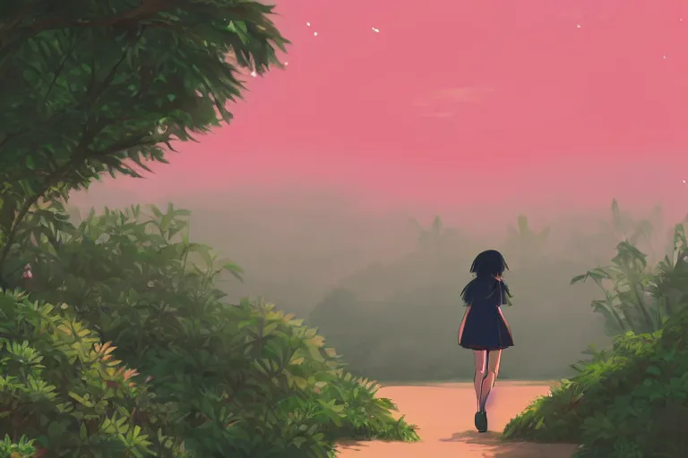 Image similar to anime woman walking, tropical island, night time, wide angle, by studio ghibli, yuumei, anime, hazy, foggy, ambient lighting, cottagecore,