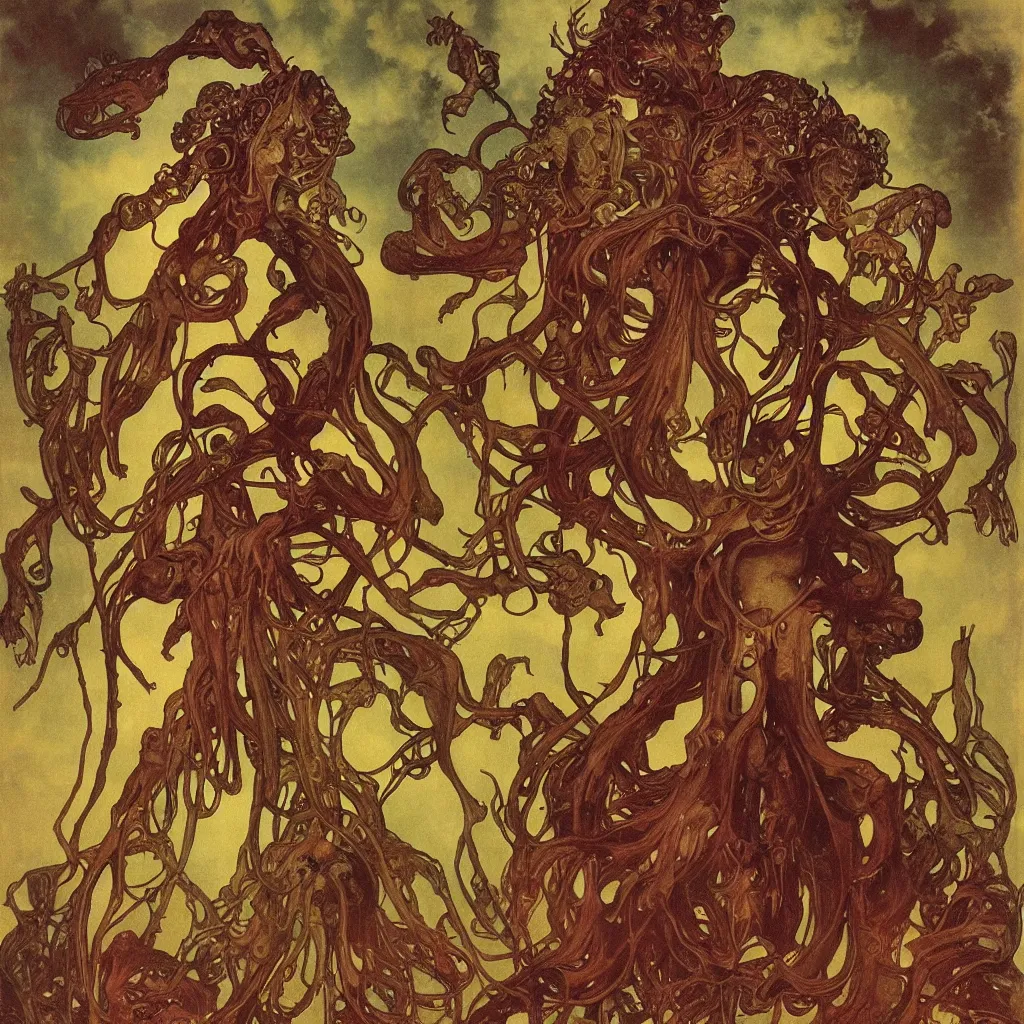 Image similar to grainy 2 0 mm film photograph of a grotesque nightmare fungus demon god. uhd, amazing depth, cinematic lighting, glossy wet levitating floating fungus god with arms outstretched. by thomas blackshear and alphonse mucha.