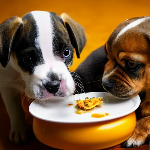 Prompt: photography of a puppie sharing his meal with a small baby catew, animal photography, award winning photography by Leonardo Espina