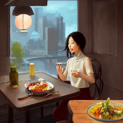 Image similar to a dinner date with the cute Asian girl next door, slice of life, modern, realistic, looking at the camera, happy! casual!! medium shot. highly detailed, digital painting, artstation, concept art, matte, sharp focus, illustration, art by Artgerm and Greg Rutkowski and Alphonse Mucha