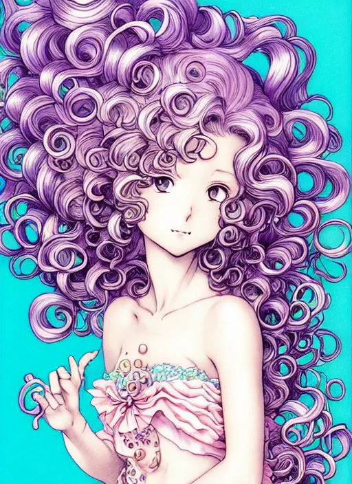 Image similar to manga of beautiful mermaid girl, curls hair, rococo ruffles dress, pastel rainbow, pearlescent, shimmering, reflective, rim light, detailed background, by takeshi obata, katsuhiro otomo, takato yamamoto, illustration, dark fantasitc, artstation, concept art, highly detailed, colorful, maximalist